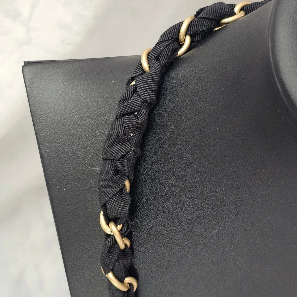 Talbots Signed Multi Strand Necklace Black Ribbon Gold Chain Draped Statement